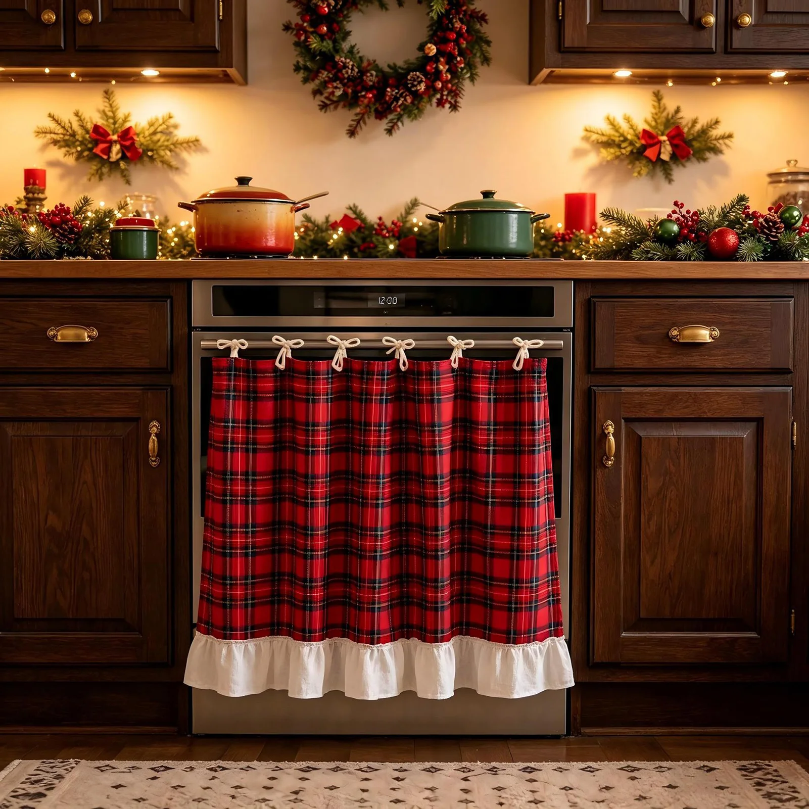 Homeowners Christmas Cabinet Curtain Red Plaid Kitchen Valance Festive Winter Decor for Coffee Bar Dining Room Durable