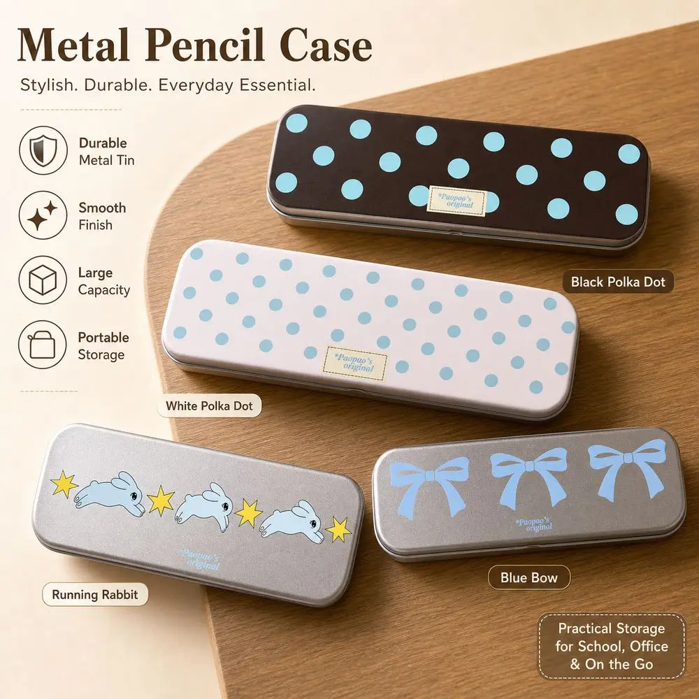 Polka Dot Pattern Metal Pencil Case Portable Cartoon Pattern Tin Pencil Box Long Rectangular Shape Vintage Style