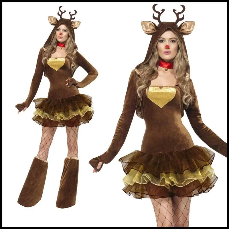 Brown Reindeer Hat Dress Foot Cover Costumes Women Party Carnival Christmas Cosplay Costumes Night Club Stage Costumes