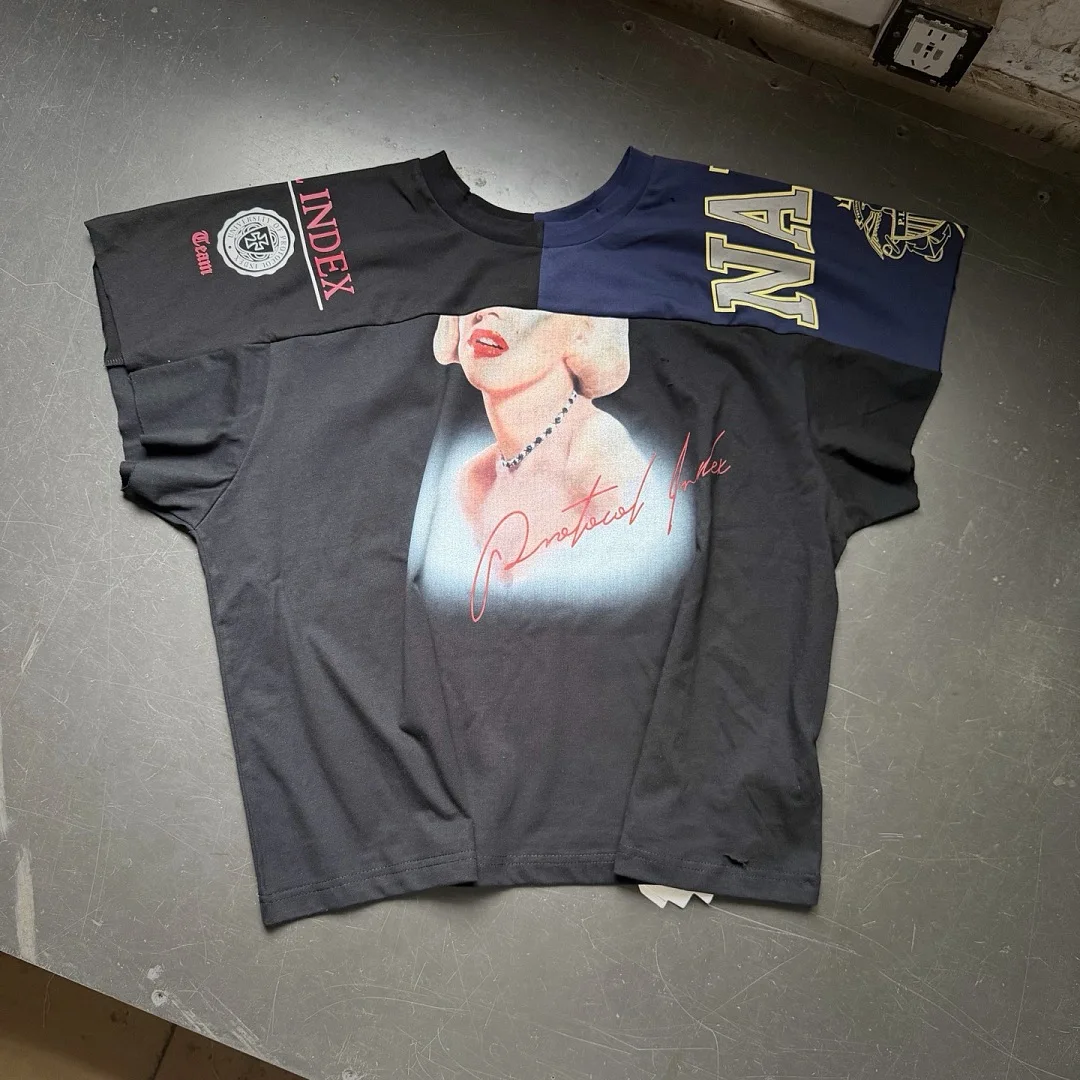 26ss High Quality PTL Index Color Block Vintage Famous Star Printed Women Men T shirts tees Oversized Men Cotton Washed T shirt