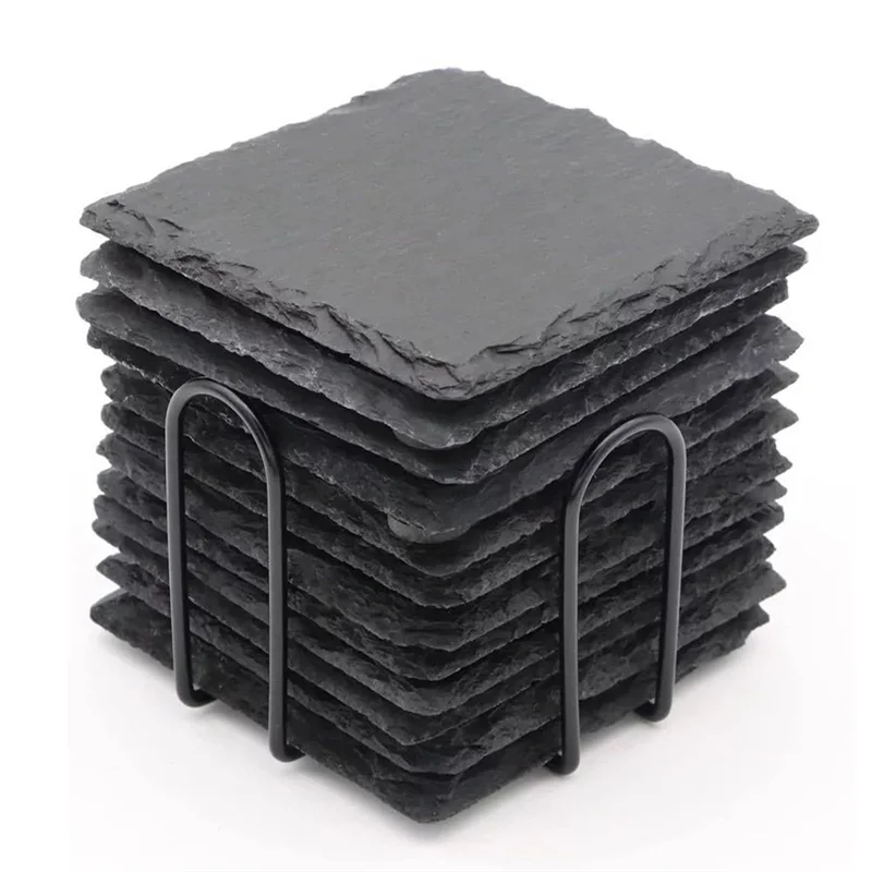 12PCS Slate Coasters Bulk 4 Inch Square Black Slate Stone Coaster Handmade Drink Bar Slate Coasters with Shelves-A22G