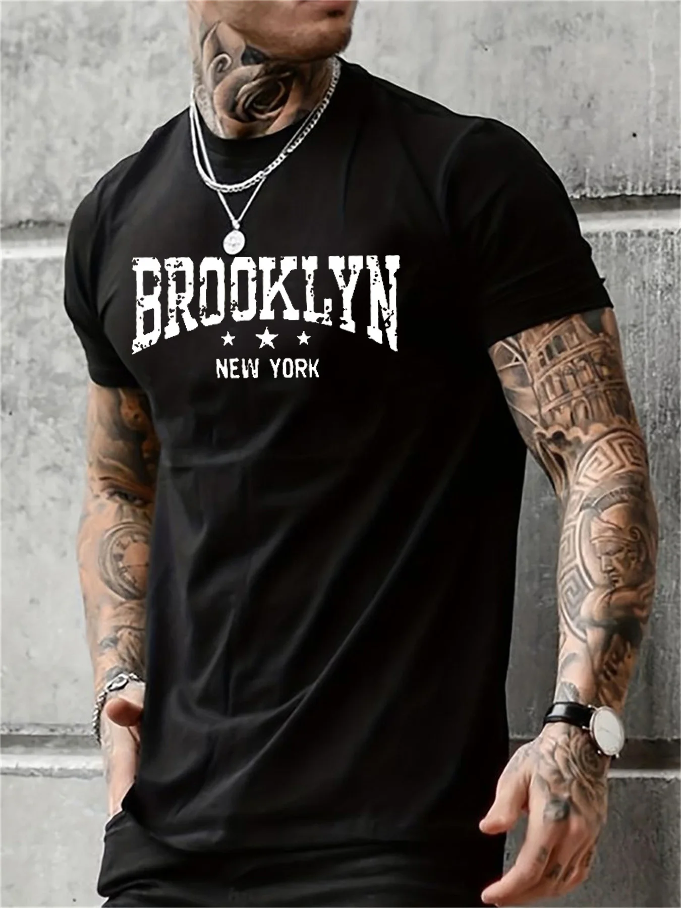 

Men's 100% pure cotton summer casual loose Brooklyn New York letter printed comfortable round neck short sleeved T-shirt top