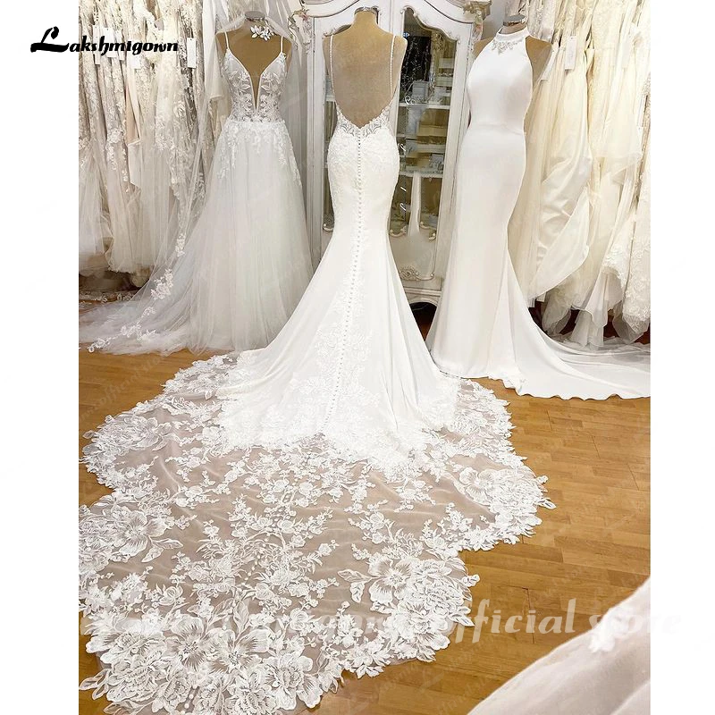 Lakshmigown robes cetim cintas de espaguete vestido de casamento 2023 robe princesse sereia vestido de noiva do laço vestidos de casamento