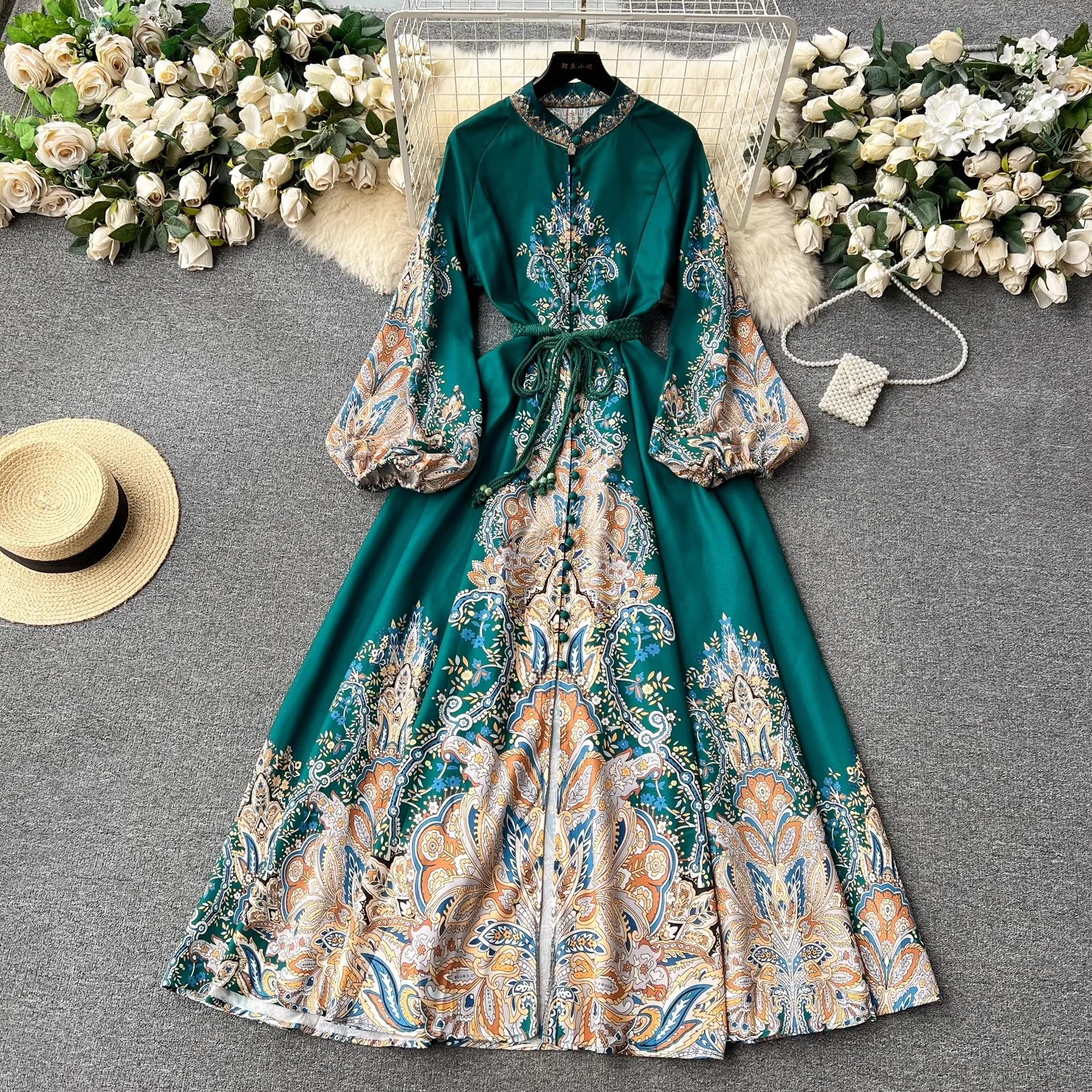 Spring Autumn Vintage Print Long Robe Women Stand Neck Puff Sleeve Elegant Dress Single Breasted Lace Up Belt Pleated Maxi Dress