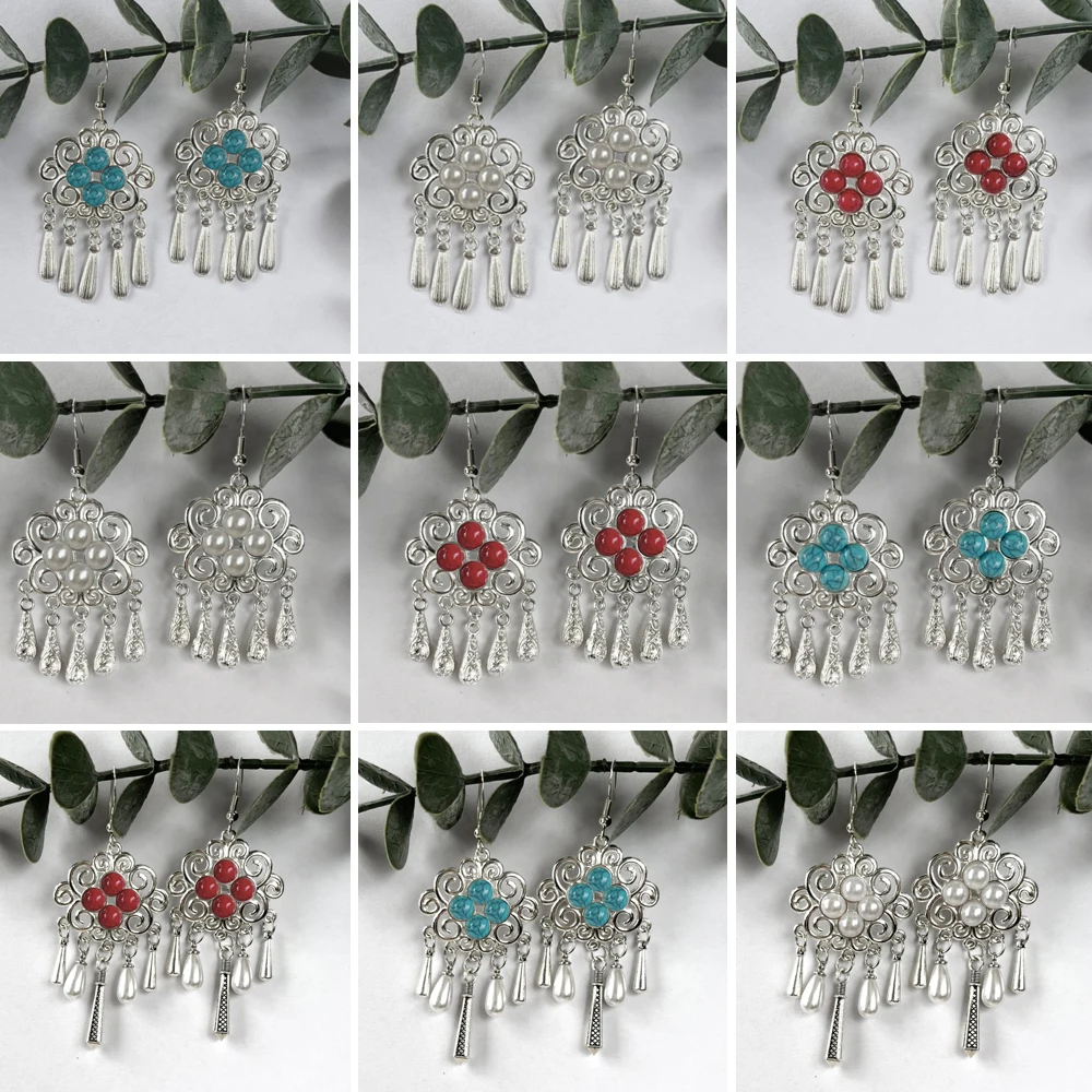 

Indian Vintage Oxidized Silver Color Metal Drop Earrings for Women Boho Blue Black Stone Hanging Earrings Arab Ethnic Jewelry