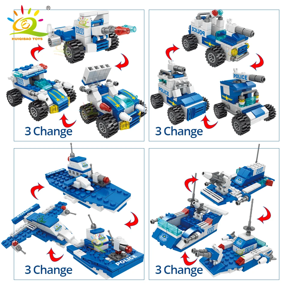 HUIQIBAO 700PCS 8in1 City Police Command Trucks Building Blocks Policeman Robot Car Helicopter Model Bricks Toys for Children