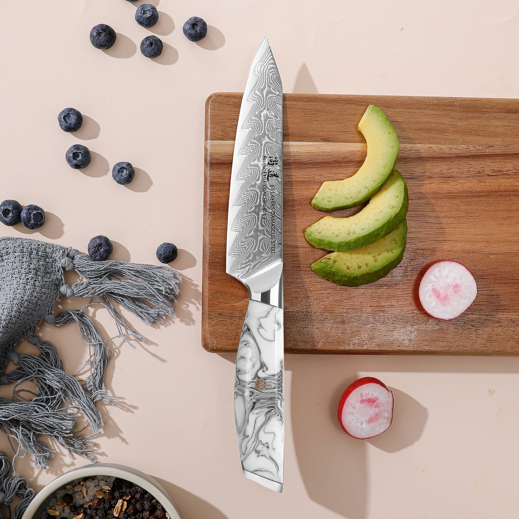 SHANGDAO 67 Layers Damascus Steel 5 Inch Utility Knife, Compact Kitchen Prep Knife, Full Tang Ink and Wash Resin Handle