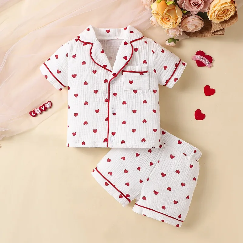 New Summer Baby Boys Girls Pajama Set Cotton Linen Heart Printed Short Sleeve Cardigan Shorts 2PCS Pyjamas Set Kids Sleepwear