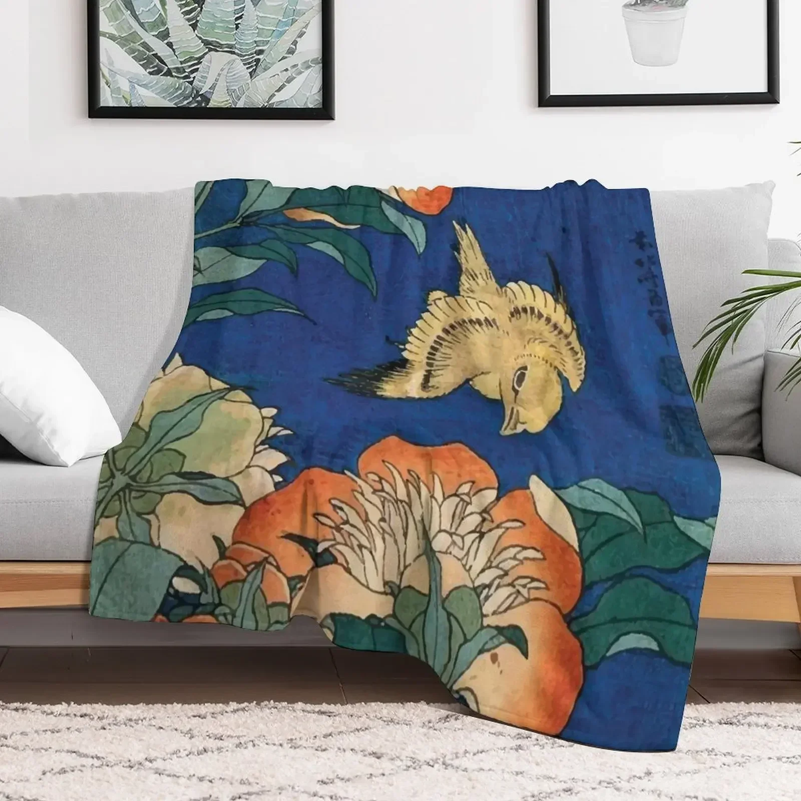 Katsushika Hokusai | Canary and Peony Throw Blanket Luxury Designer Soft Beds Bed Blankets