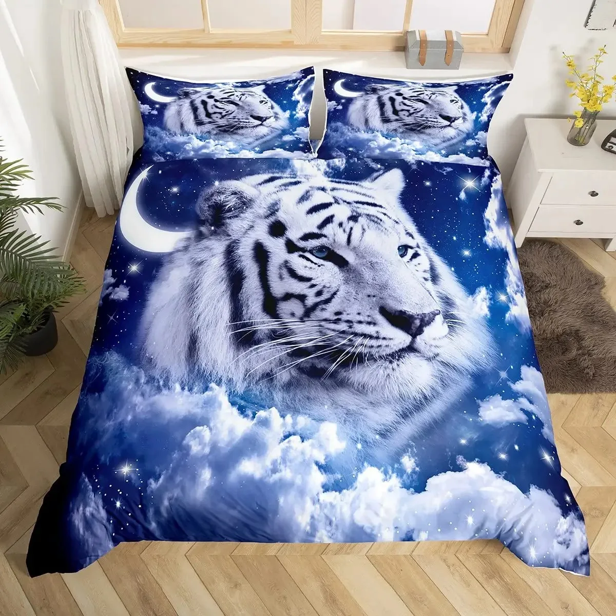 

Galaxy White Tiger Duvet Cover Set King,Blue Nebulas Stars Moon Bedding Sets Outer Space Wildlife Sky Starry Comforter Cover Set