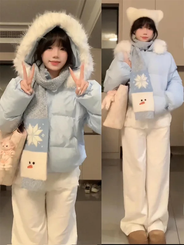 

Корейская утепленная хлопковая куртка свободного кроя с капюшоном и меховым воротником, теплая зимняя куртка для невысоких, подходит для студентов