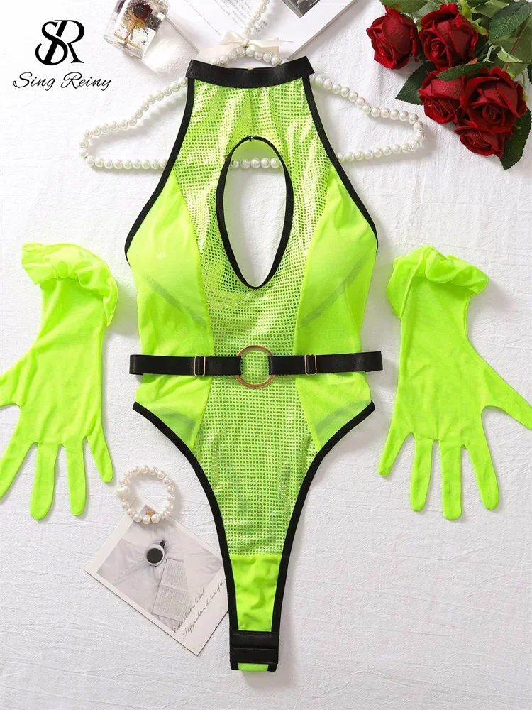 

SINGREINY American Mesh Sexy Bodysuit with Gloves Halter Backless Sensual Sheath Lingerie Women Hollow Out Erotic Playsuit