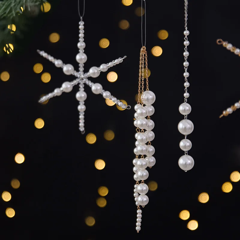 Christmas Pearl Snowflake Ornament Hanging Decor for Christmas Tree Tassel Window