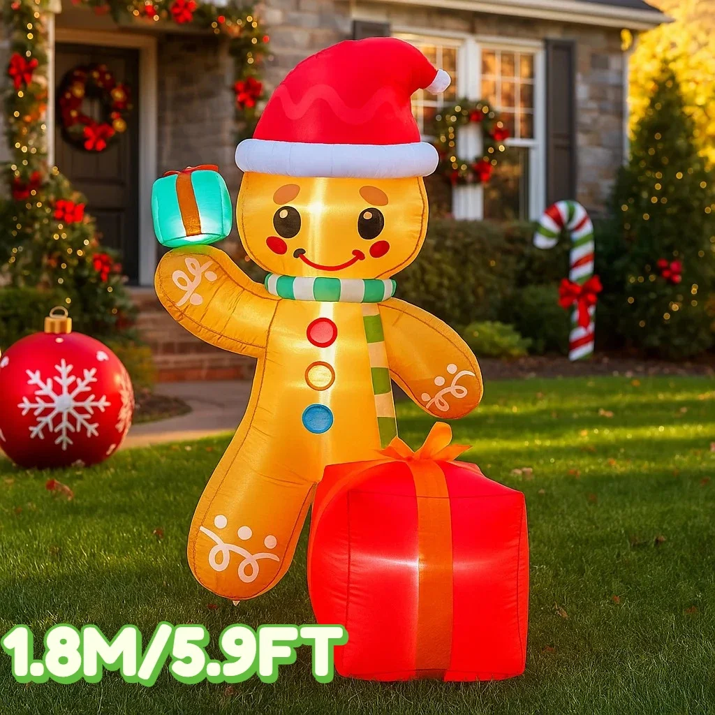 1.8M/5.9FT Inflatable Gingerbread Man with Gift Box Lights LED Home Holiday Lighting Decor Toys Yard Xmas Supplies Outdoor Decor