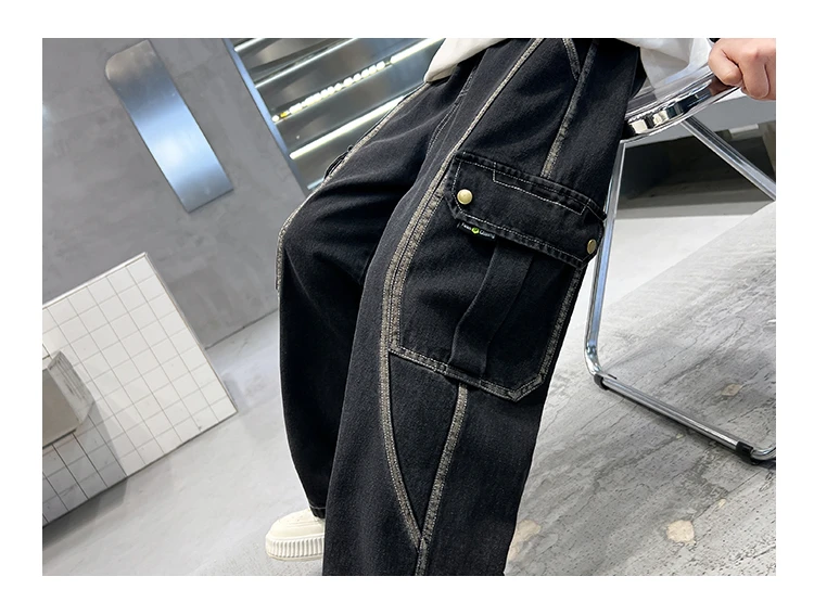 Neue lässige Kinder-Cargo-Jeans mit geradem Bein und Taschen für Teenager-Jungen, modische Street-Denim-Hosen, elegante Hosen für Kinder. – Detail 19