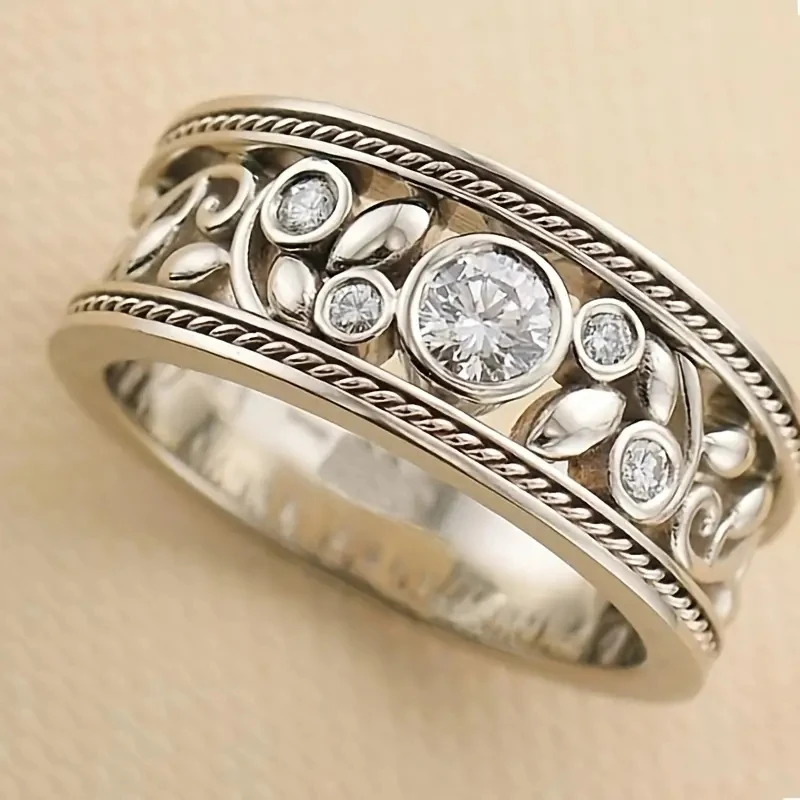 Huitan Hollow Rings for Women Aesthetic Pattern Round Cubic Zirconia Fashion Wedding Bands Female Finger-ring Party New Jewelry