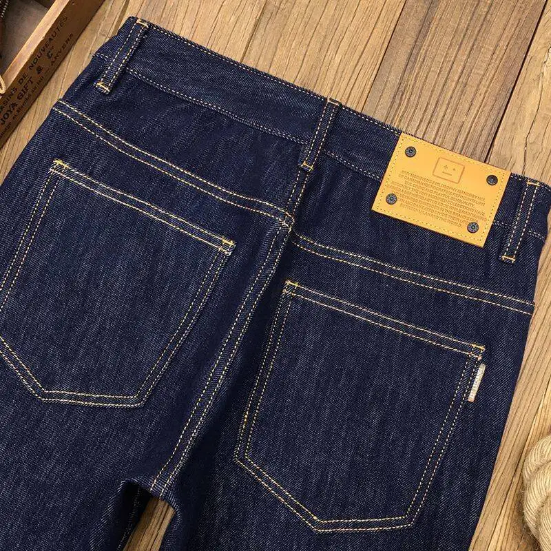 Primary Color Jeans Men's High-End Quality Trendy Simple Versatile Korean Style Stretch Slim Fit Skinny Washed Long Pants