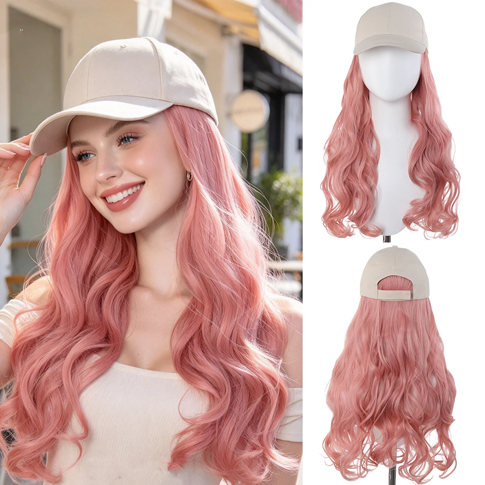 Hat wig one-piece women's beige duckbill hat pink curly wave roll European and American fashion 20 inch wig hat