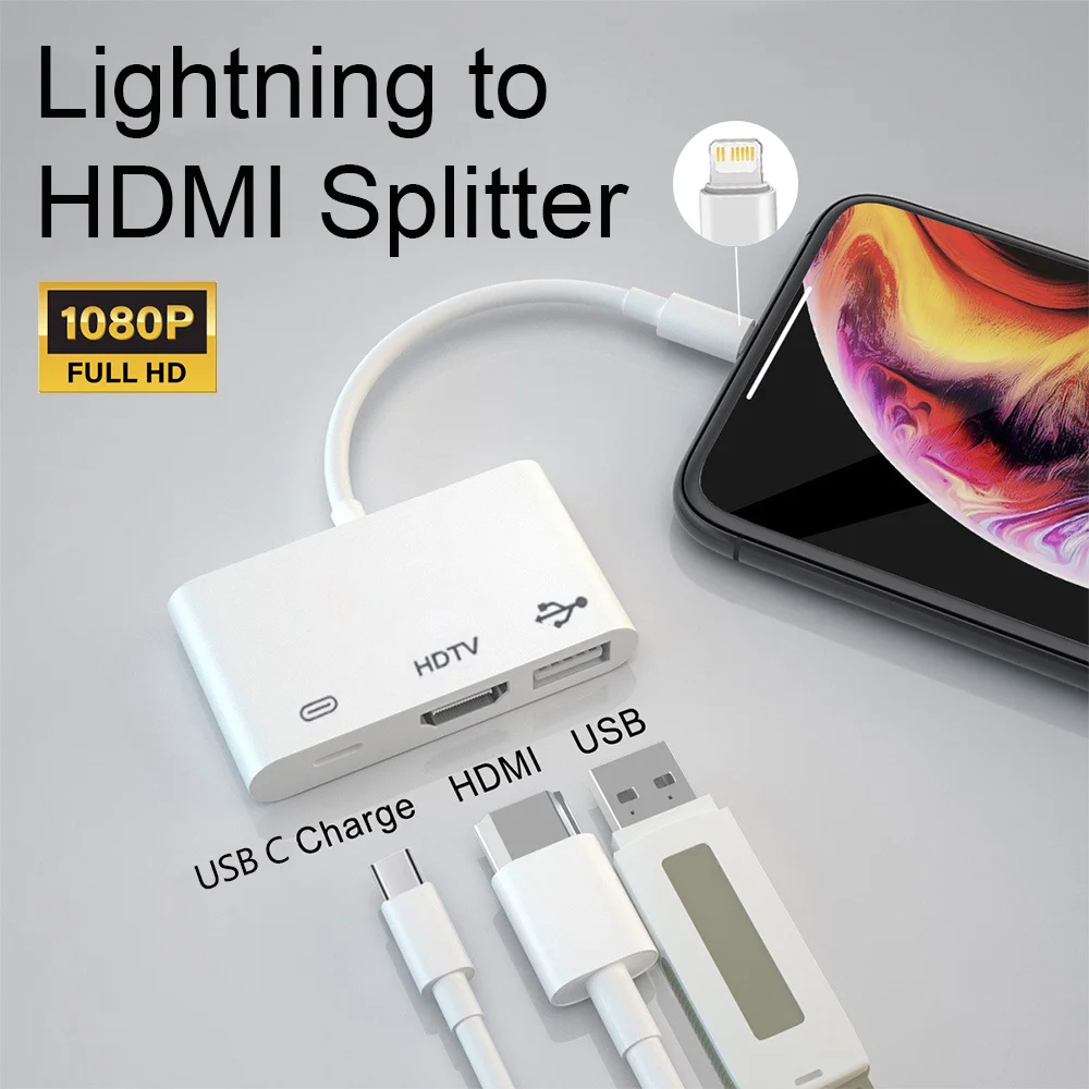 

Адаптер Lightning-HDMI 3-в-1, разветвитель HDMI 1080P с зарядкой, поддержка USB-камеры, флешки, мыши