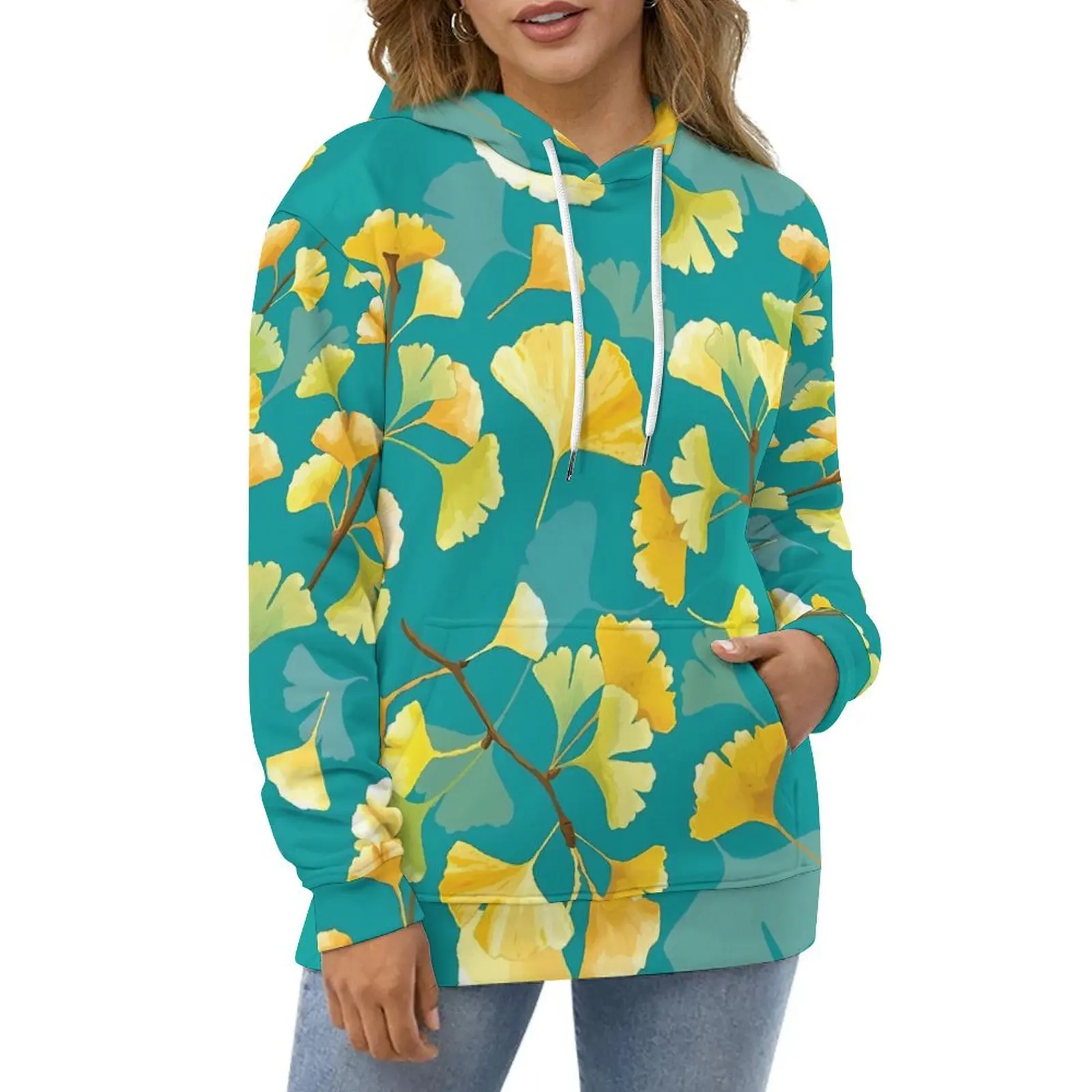 

Gold Ginkgo Biloba Hoodies Leaves Print Street Wear Oversize Hoodie Female Long Sleeve Kawaii Printed Casual Hooded Sweatshirts