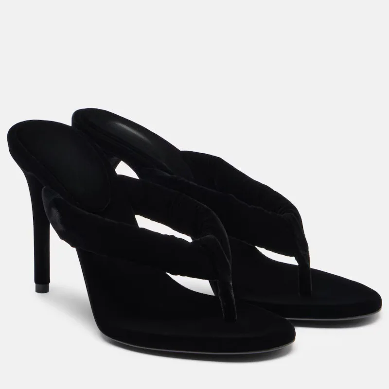 

Женские черные бархатные мюли-шлепанцы на каблуке-шпильке в европейском и американском стиле, элегантные сексуальные сандалии с открытым носком для женщин