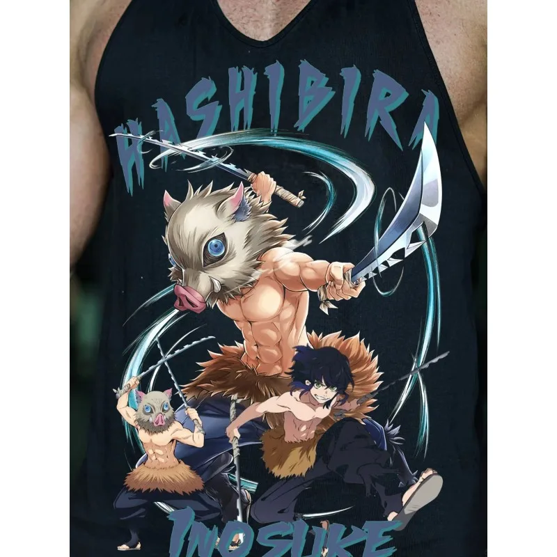 เสื้อกล้ามออกกำลังกายลายดาบพิฆาตอสูร ฮาชิบิระ อิโนะสุเกะ -เสื้อกั๊กแขนกุดสำหรับเพาะกายผู้ชาย ผ้าฝ้ายและดีไซน์รูปตัว Y ระบายอากาศได้ดี