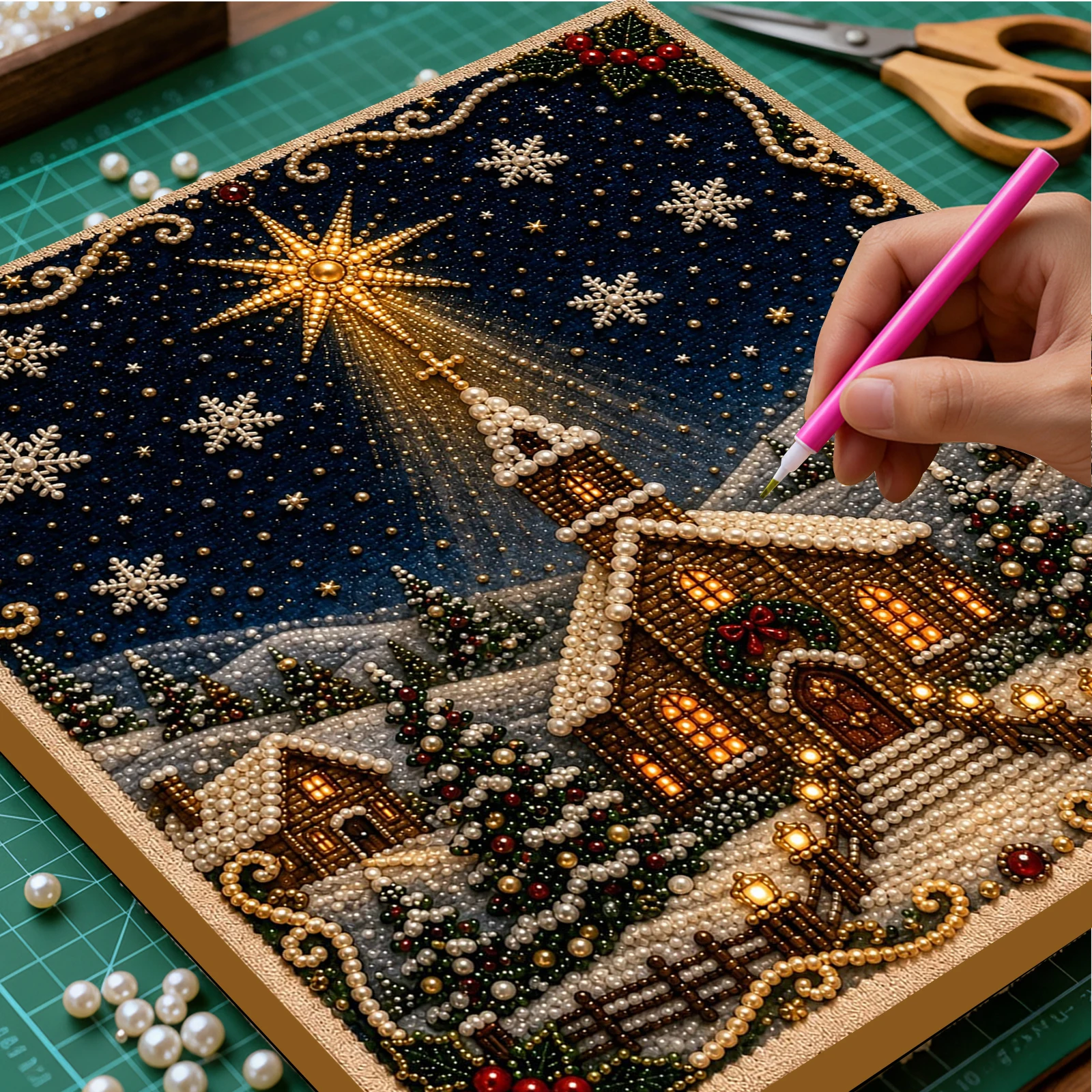 DIY Christmas Pearl Painting Diamond Art Kit Wood Framed Christmas Pearl Art Kits for Adults Diamond Dots Beads Painting Craft