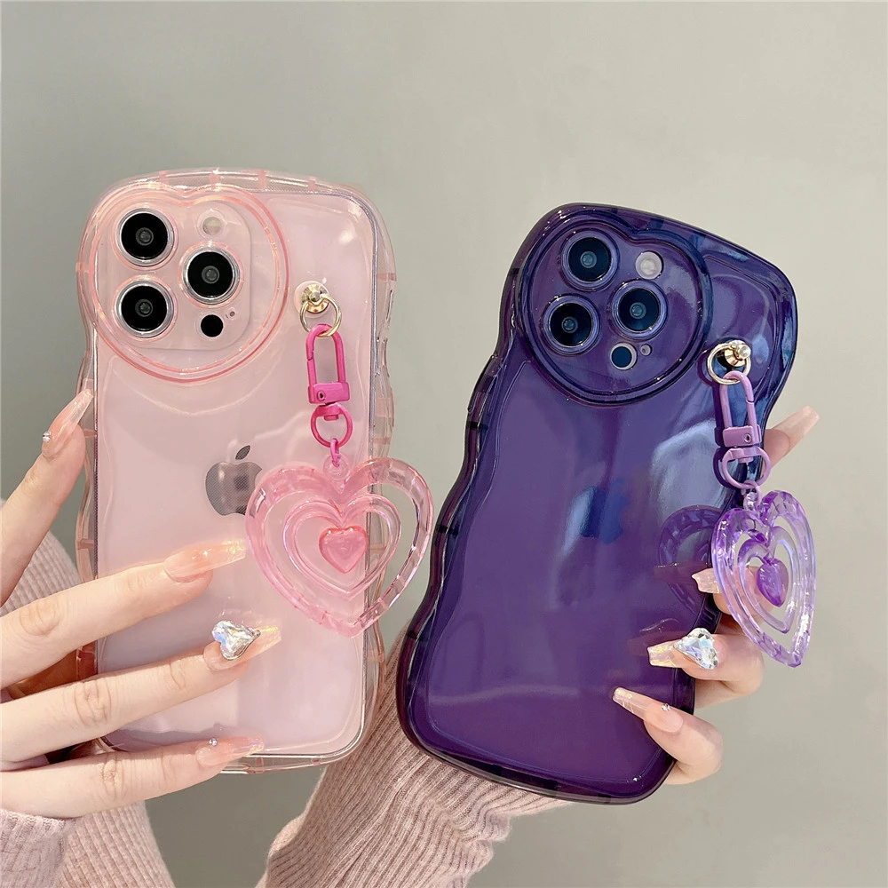 Suitable for iPhone 11 15 14Plus 12 13 Pro Max X XR Cute 3D Love Keychain Case Wave Transparent Soft Phone Case