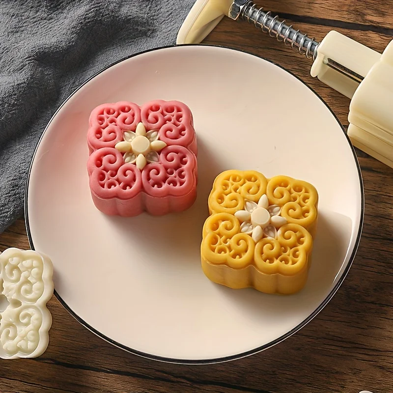 Square Moon cake Mold,Including 1 Mold And 1 Stamps, Hand-Pressed Floral Pattern Square Cookie Press Mold For Kitchen