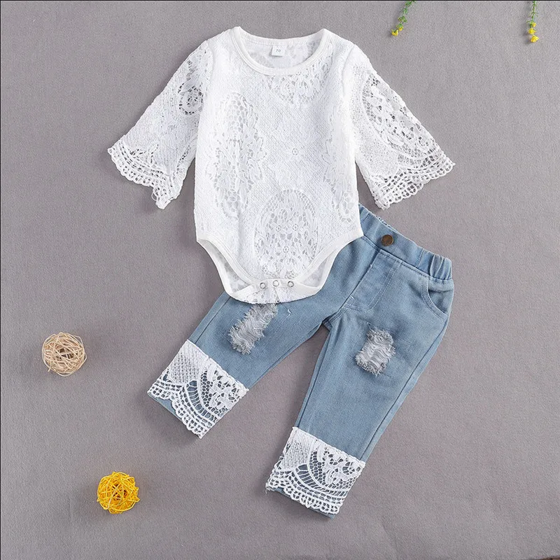 

RUEWEY 3 to 24 Months Baby Girls Pant Sets Summer Clothes Lace Hollow Out Long Sleeve Bodysuit and Ripped Patchwork Jeans Infant