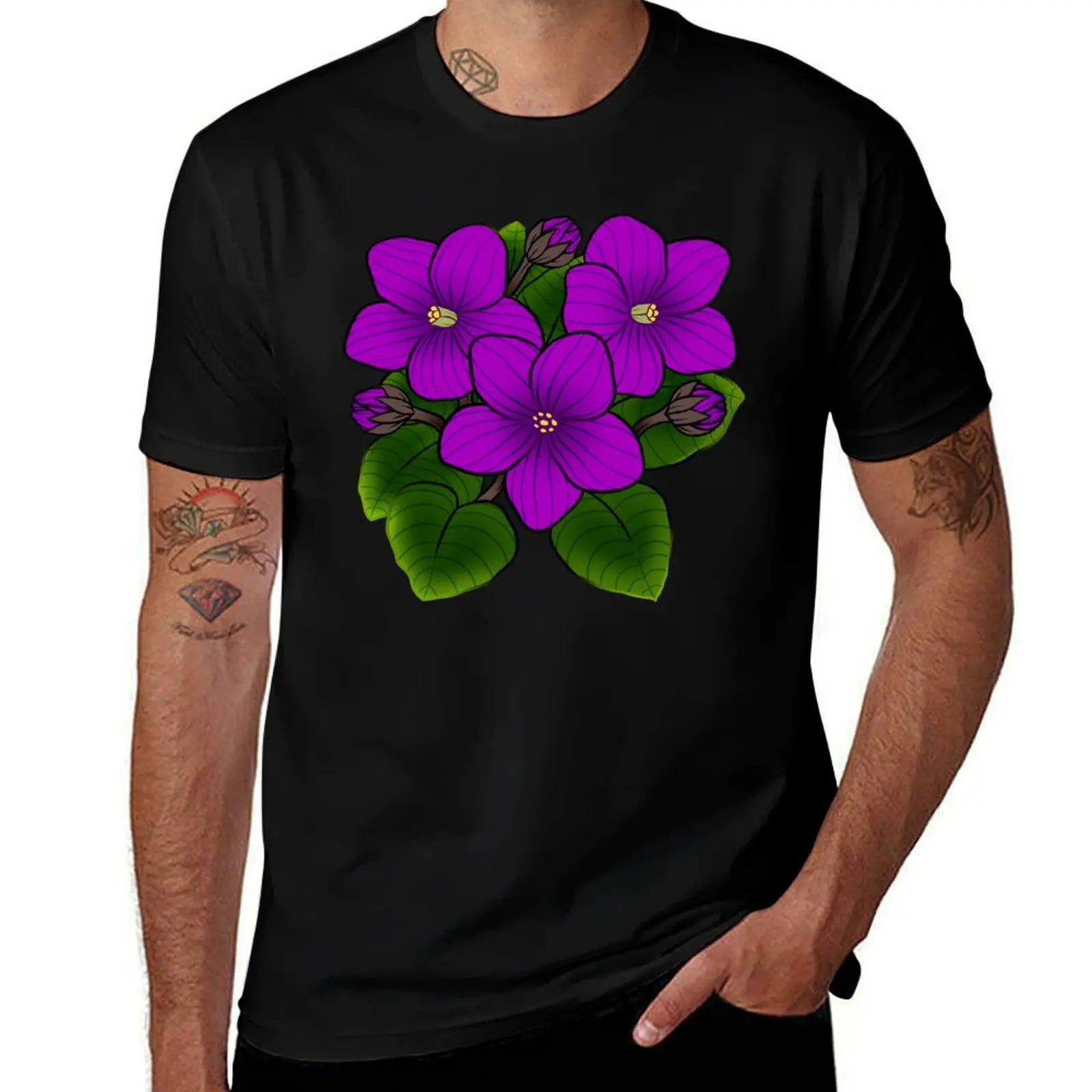 

Purple African Violets in Black T-Shirt t shirt man designer t shirt men 100% cotton luxury brand
