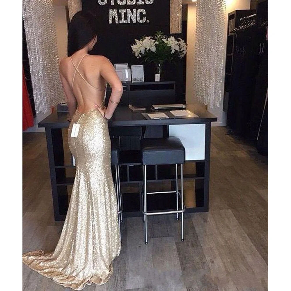 

Golden Backless Summer Prom Dresses Sleeveless Sweetheart Chapel Train Floor Lenght Gown Sequined Draped Long Dresses Vestidos