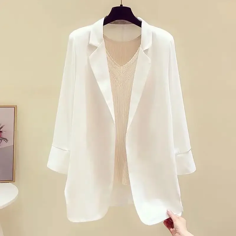 

Women's Chiffon Suit Jacket Spring Summer Korean Version Loose White Thin Mid Length Coat Three Quarter Sleeves Sun Shirt Grace
