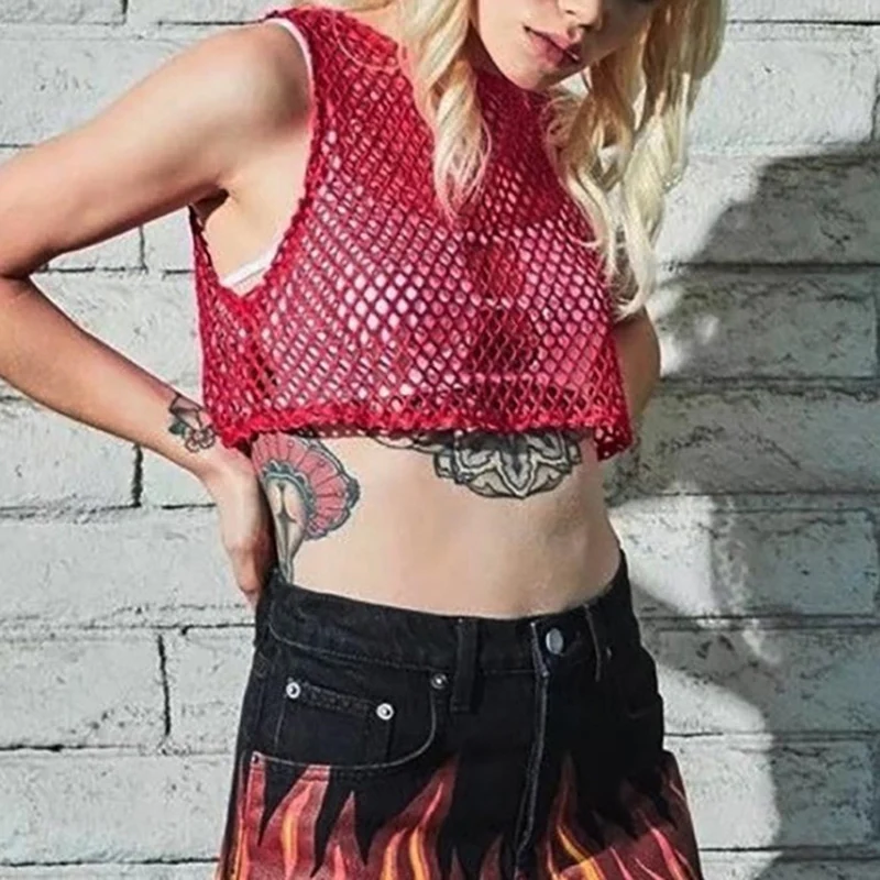 Women Summer Mesh Crop Top Loose Hollow Out Vest Sleeveless Tops Casual Daily Wear Fashion Matching Outfit