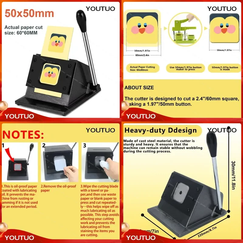 50mm Square Paper Cutter Tool Manual Punch Die Cutter  Button Maker Machine Pin Badge Paper Cutting Tool  50mmx50mm