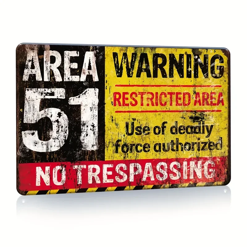 Vintage Area 51 Warning Metal Sign - Retro Iron Wall Decor with Restricted Area & No Trespassing Design - Electricity-Free Wa