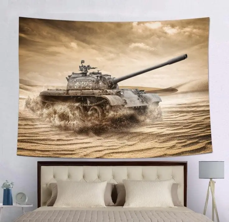 Retro Military Tank Tapestry, Classic Combat Tank in Sandy Desert with Stormy Sky Wall Hanging, Perfect For Adding Rugged & Bold