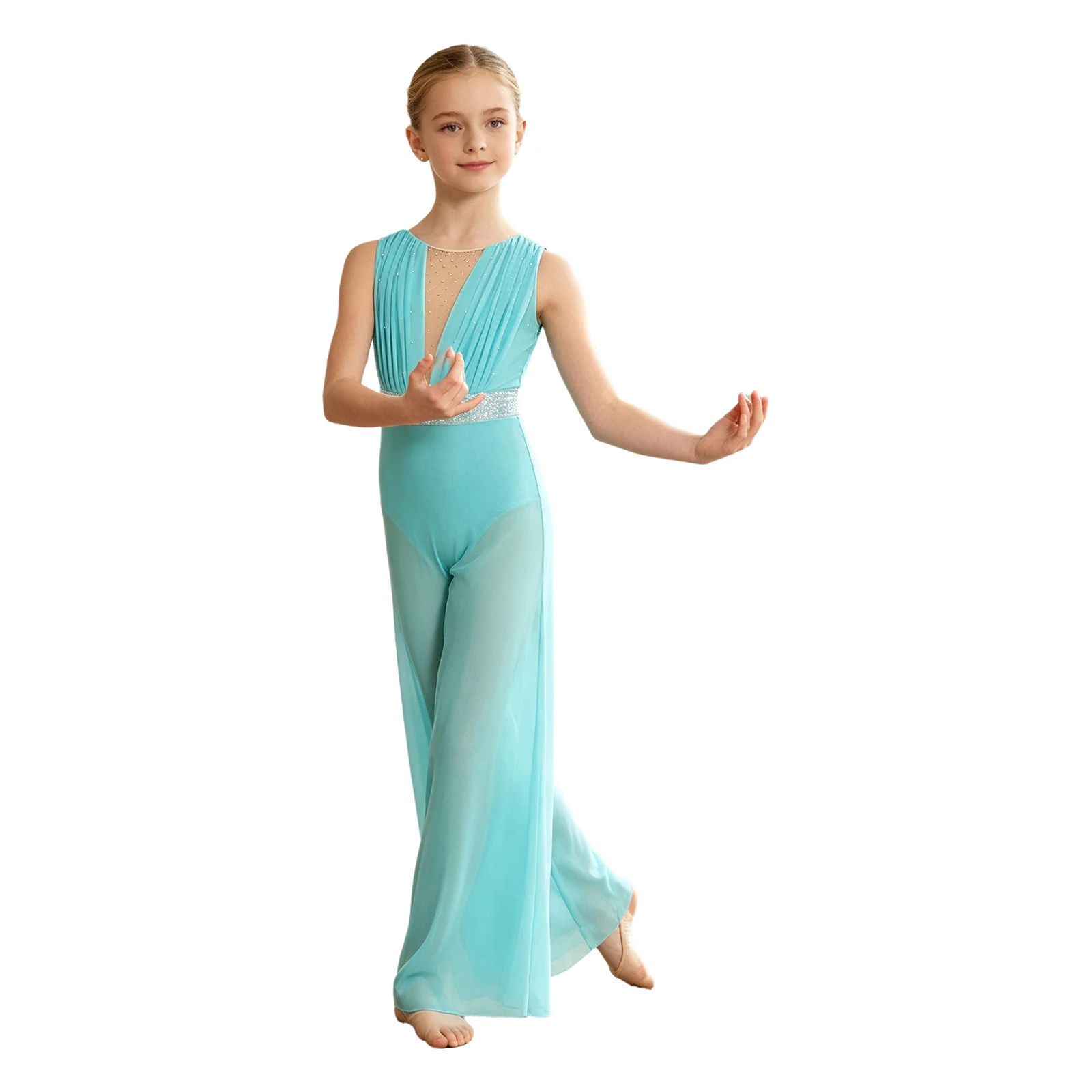Lyrical Rhythmic Gymnastics Leotatd Dress Long Sleeve Mesh Drapey Jumpsuits Girls Sleeveless Figure Skating Ballet Dance Costume