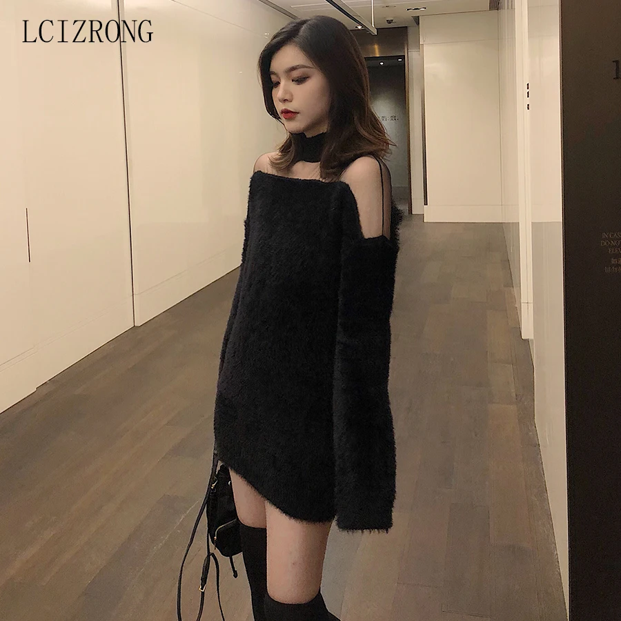 

Sexy Hollow Out Women Long Sweater Loose Elegant Ladies Long Sleeve Knitted Pullover Black White Turtleneck Winter Clothes Women