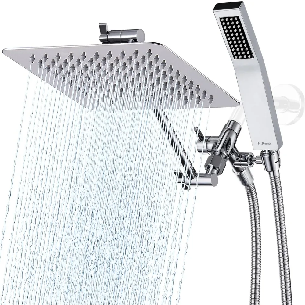 

All Metal 8 Inch Dual Square Shower Head with Handheld Spray Combo, Rain Shower Head, Adjustable Extension Arm, Smooth