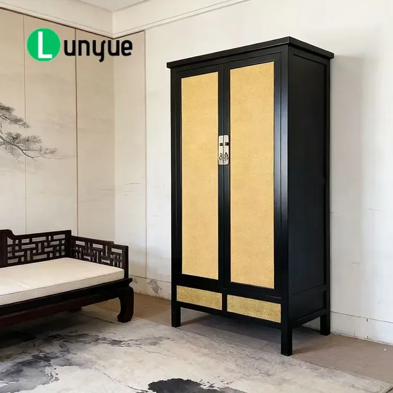 Medieval Solid Wood Rattan Wardrobe Modern Simple Black Storage Cabinet Locker for Bedroom Cloakroom Furniture Factory Direct