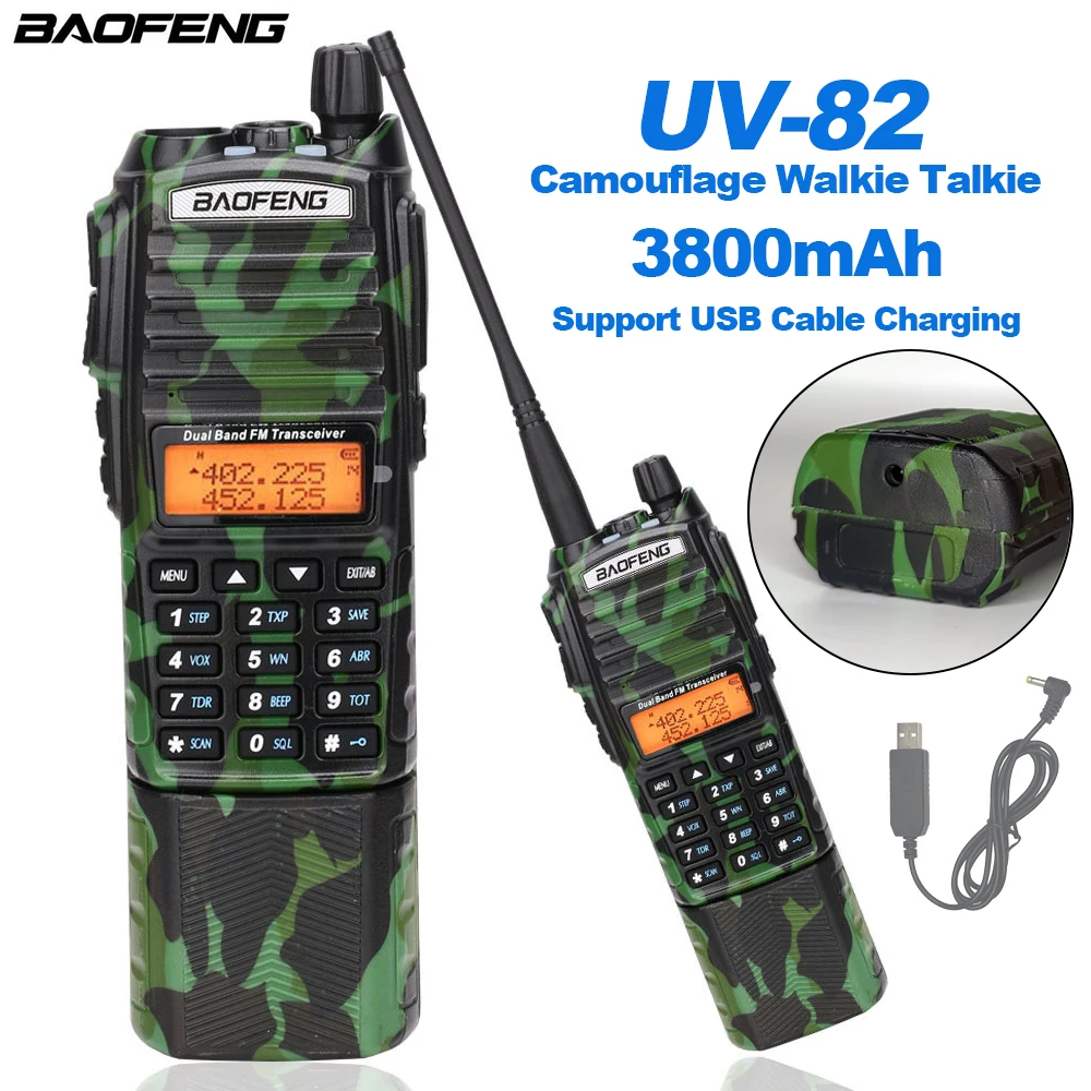 

Baofeng UV-82 Camouflage Walkie Talkie with 3800mAh Long Battery Can USB Cable Charging 5W U/V 128CH Long Range Two Way Radios