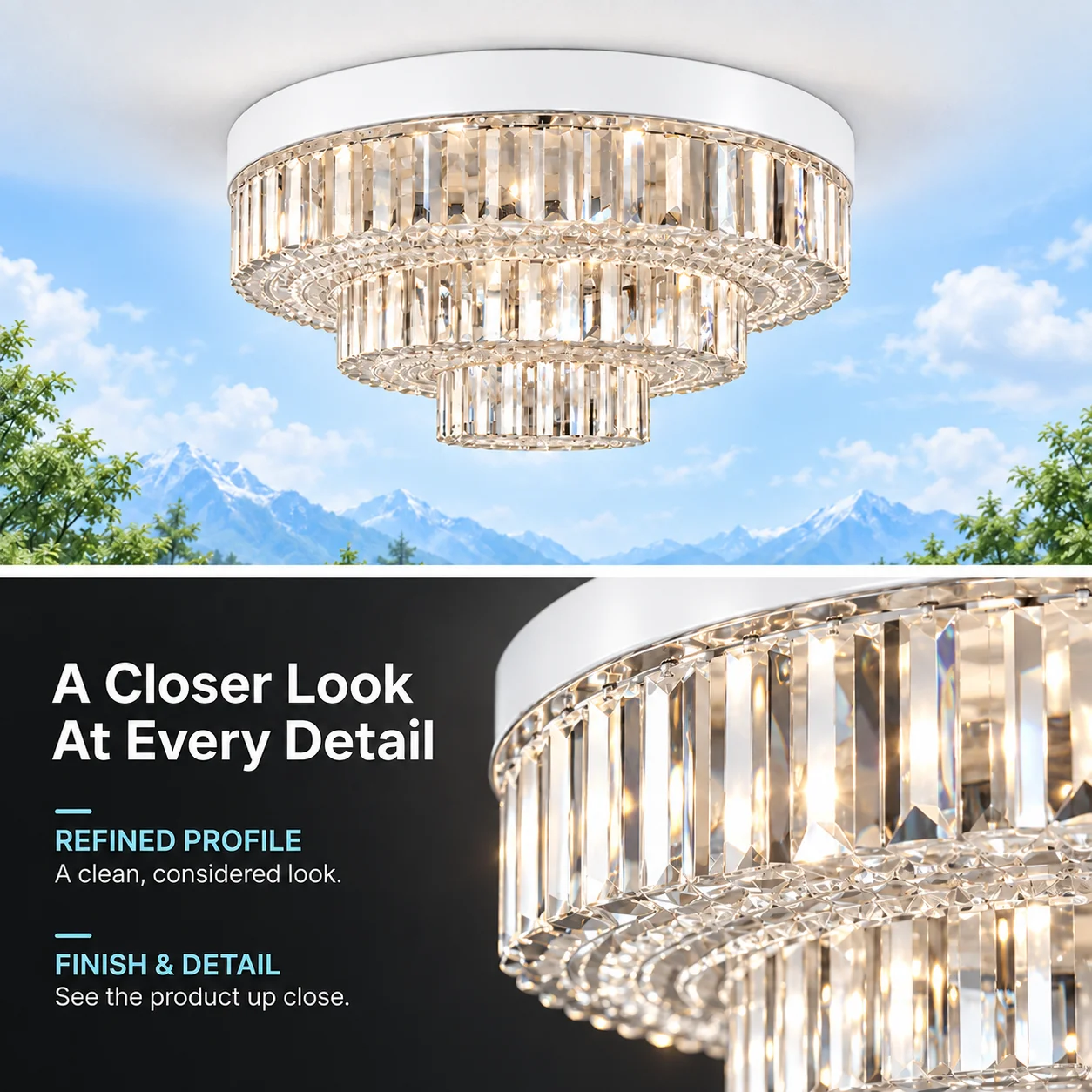 IRALAN E27 Socket Flush Mount LED Ceiling Lamp Round Crystal Ceiling Light 3 Colors Temperatures Bedroom Kitchen Balcony Lamp