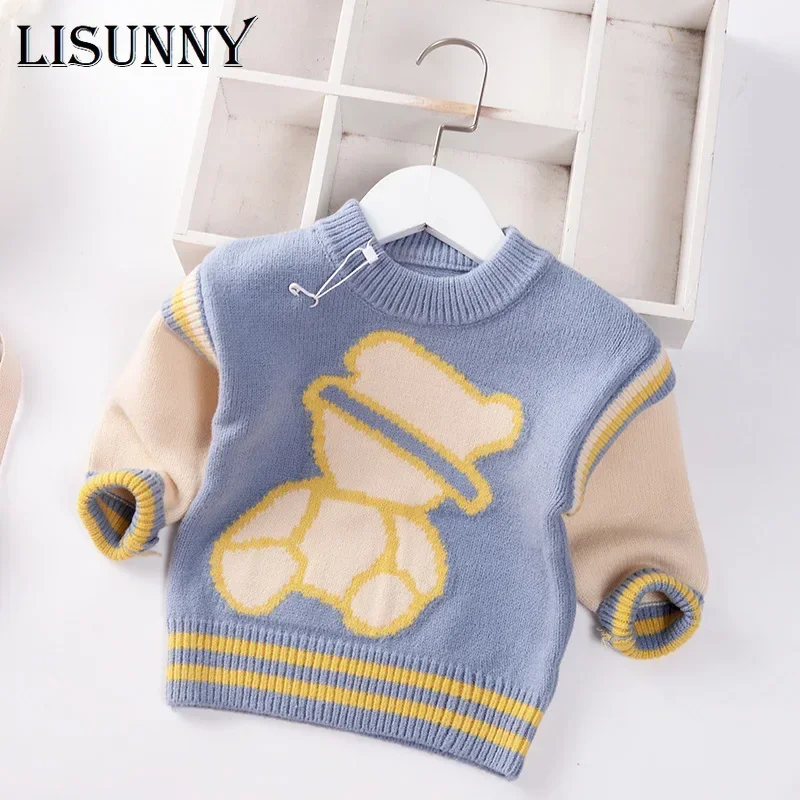 2024 Autumn Winter Baby Boys Sweater Children Knitted Clothes Kids Pullover Jumper Toddler Coat Striped Cartoon Sweaters