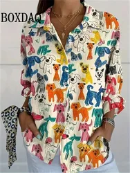 New Women's Spring Shirt Fun Puppy Graffiti Print Long Sleeve Shirts Fashion Party Lapel Button Down Casual Long Sleeve Blouses