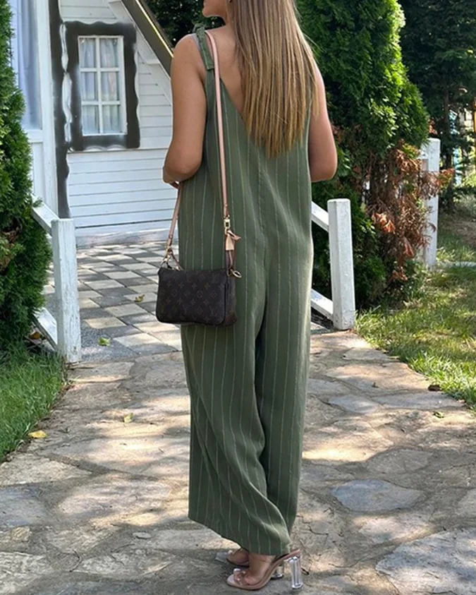 Women's Striped Print Jumpsuits Summer Fashion Women V Neck Shoulder Tied Detail Jumpsuit Female Casual Wide Leg Loose Romper
