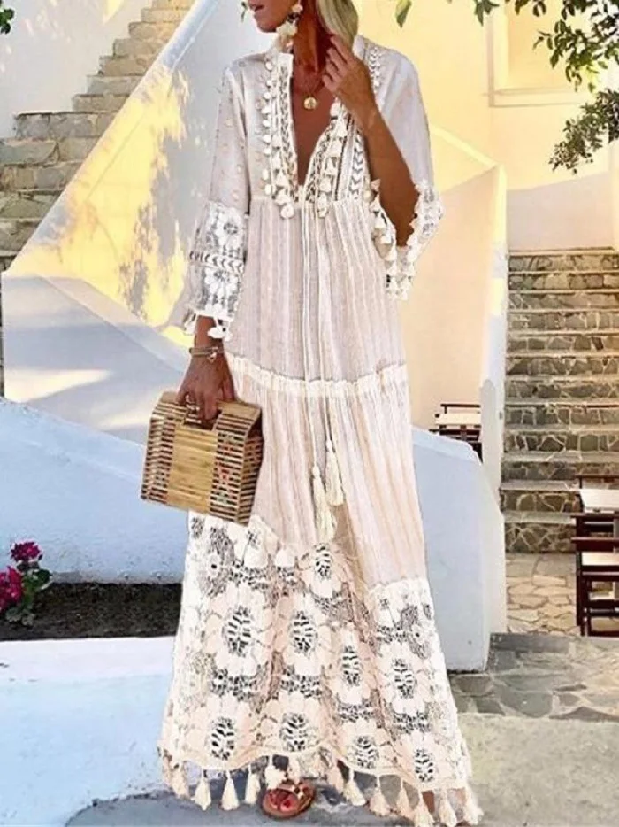 2022 Fall Solid Hollow Out V-Neck Lace Sexy Dresses Bohemian Style big size Dress Vestidos Tassel Sexy Boho Long Dress Women