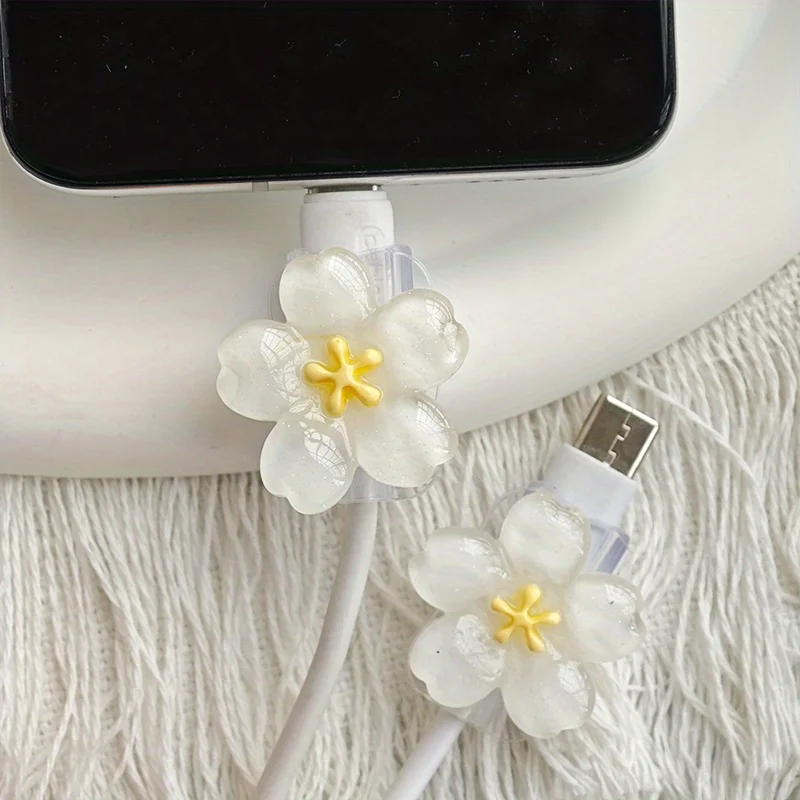 2pcs Soft Silicone Charger Cable Winder Cord Korean Flowers Case Clip for Apple IPhone Data Fast Charging Cable Protector Sleeve