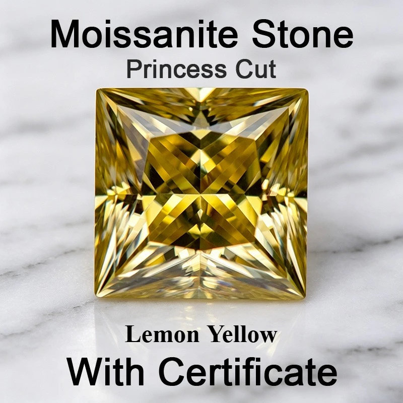 Moissanite Stone Lemon Yellow Color Princess Cut Charm Gemstone for DIY Ring Necklace Earrings Making Materials with Certificate