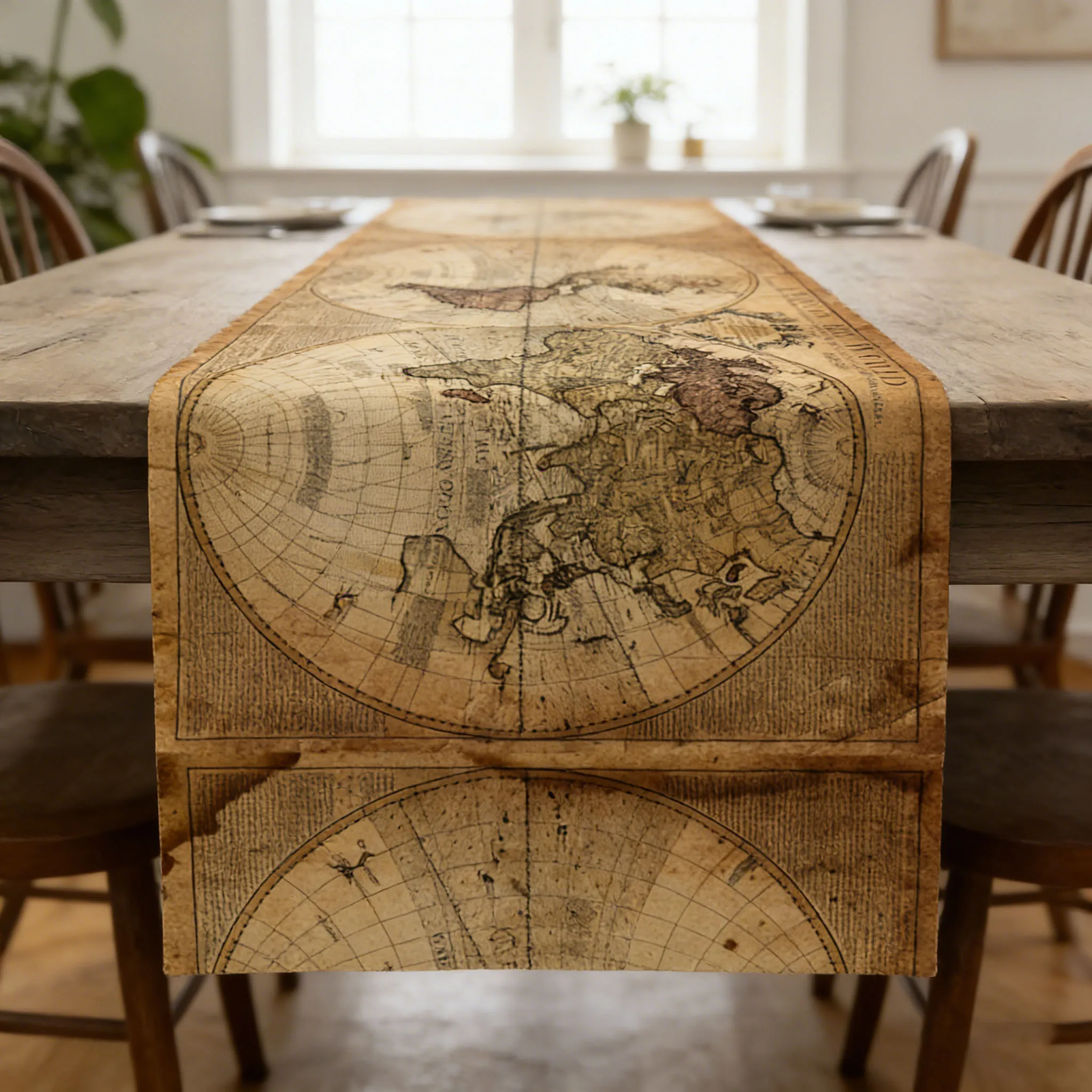 Vintage Nautical World Map Table Runner, Retro Print Table Decor for Indoor & Outdoor Parties, Rustic Home & Family Gatherings